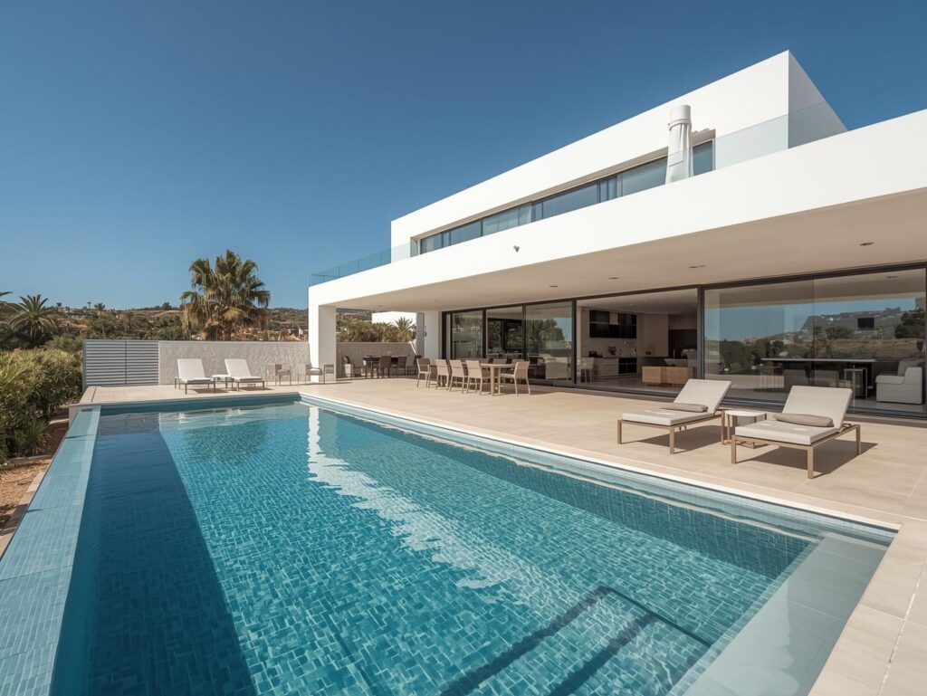  modern luxury villa with infinity pool and large terrace, costa blanca architecture, private garden, al fresco dining area, bright and spacious, professional interior design, real e